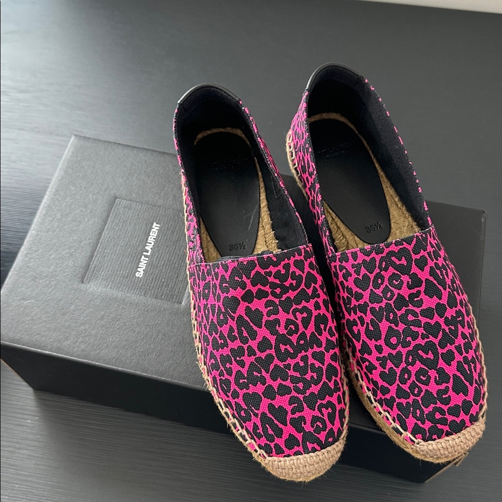 SAINT LAURENT Paris Signature Canvas Espadrille Pink/Black SIZE 36.5 NEW IN BOX